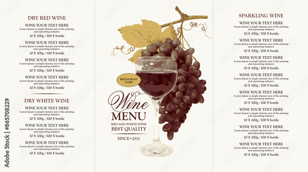 Poster vector wine menu template with price list for a restaurant or bar with a glass of dry red wine and b