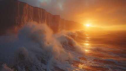 Fototapeta premium Ocean waves crashing against dramatic coastal cliffs at sunset, golden light and sea spray symbolizing power, resilience, and natural beauty
