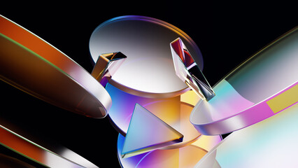 Colorful 3D render of geometric shapes with glass effects