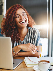 Remote work, portrait and woman in cafe with computer, research and planning for news publication....