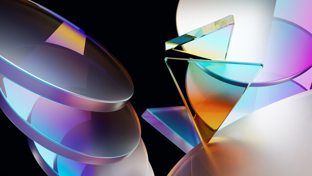Abstract 3D glass reflections and refractions in vibrant colors