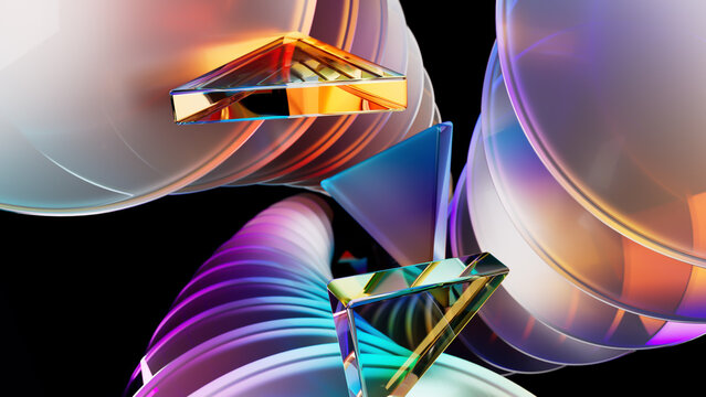 Colorful 3D-rendered glass shapes with dynamic reflections