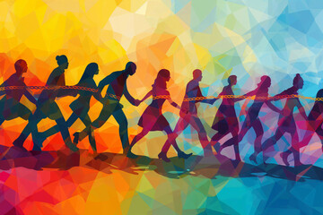 Obraz premium An abstract illustration representing teamwork and unity, featuring a team of diverse individuals connected by a strong rope
