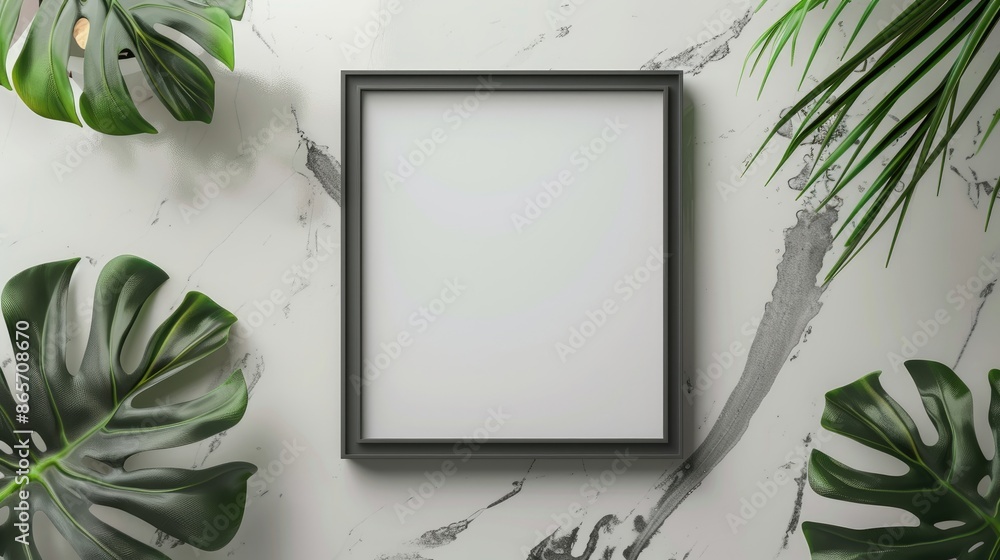 Poster mockup of gray photo frame with monstera leaf on background flat lay overhead view space for text