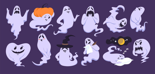 Cute spooky ghosts with funny expressions and nightmare effects set. Happy Halloween characters with pumpkin and witch hat, evil monsters spook with creepy scary faces cartoon vector illustration