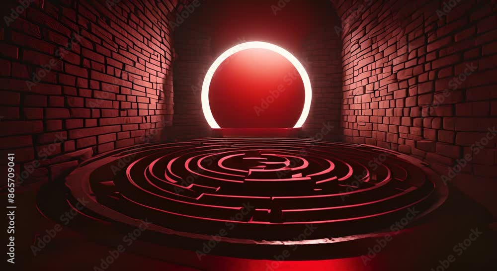 Aufkleber a maze with red walls and a red circle in the middle the maze is surrounded by stone walls and has a