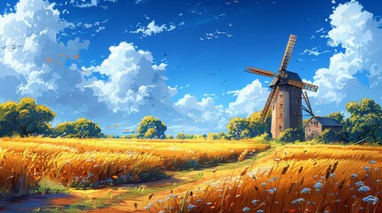 The mills in the fields are illustrated in an anime style.