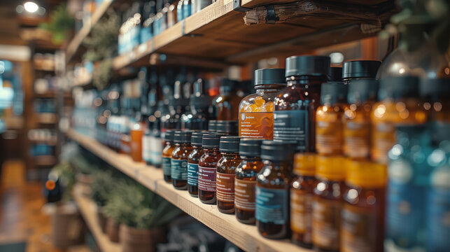 A shelf in a wellness store stocked with various CBD-infused products.