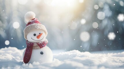 Merry Christmas winter background with blurred bokeh and a snowman.