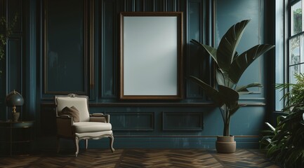 A large blank frame hanging on the wall of a vintage room, with green plants and antique furniture.