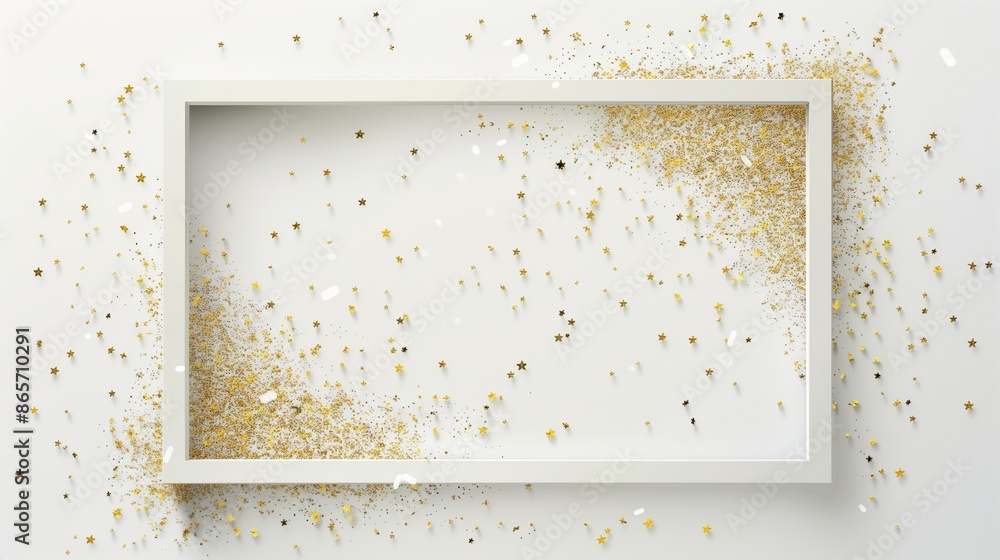 Poster a white rectangular frame with gold glitter sprinkled on it with a simple background.