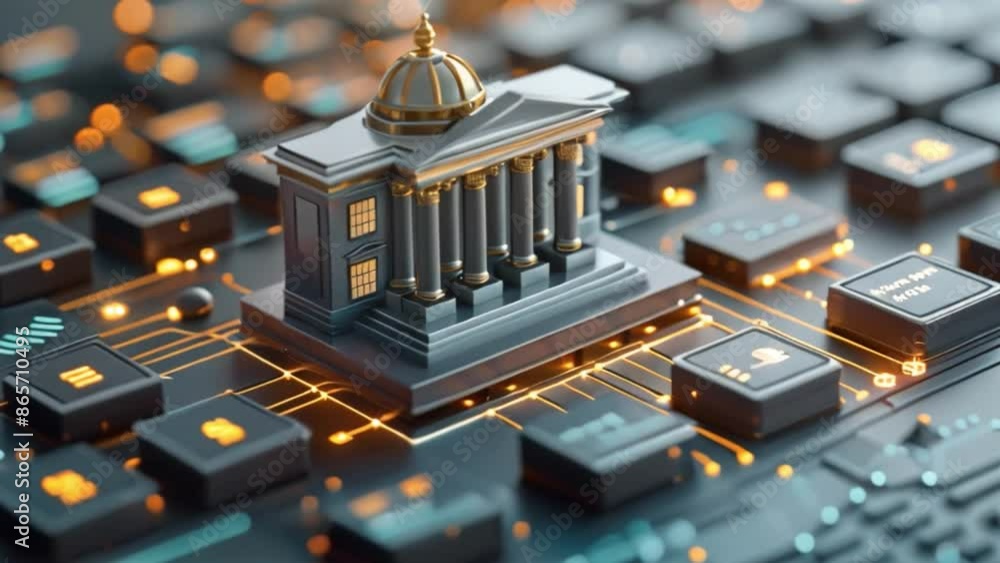 Aufkleber this miniature bank building sits on a computer circuit board.