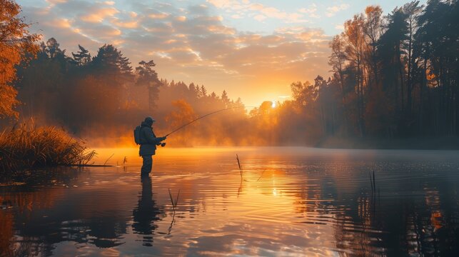 A serene image capturing an angler standing in calm waters surrounded by the golden hues of sunrise and autumnal trees, with mist hovering over the surface