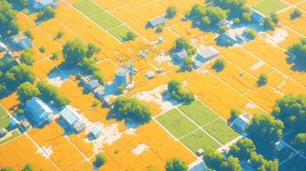 Fototapeta premium Aerial view of a colorful rural landscape with distinct farmlands, showcasing agricultural diversity