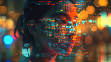 A digital portrait of a woman with a cityscape and code overlay, symbolizing the fusion of technology and humanity