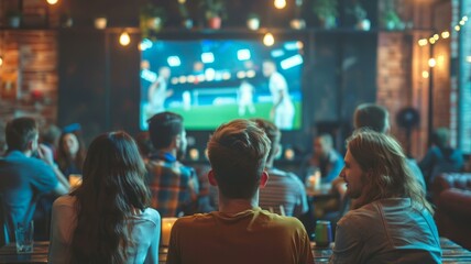 Fototapeta premium Friends watching sports game on big screen at cozy bar, enjoying drinks and atmosphere, socializing and having fun