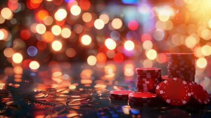 Poker chips and colorful bokeh lights in casino setting for gambling, betting, or entertainment themes