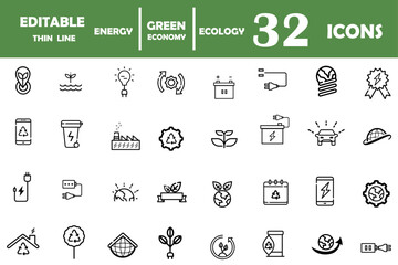 Green energy ecology thin line icons set. Renewable energy, ecology and green electricity icons. Ecology and nature green symbol collection. Green energy, renewable energy and green technology. 