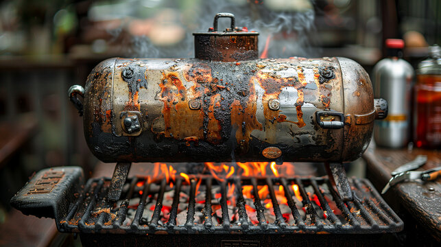 A close-up shot of a rusted metal pot placed over a hot charcoal grill, with flames visible beneath