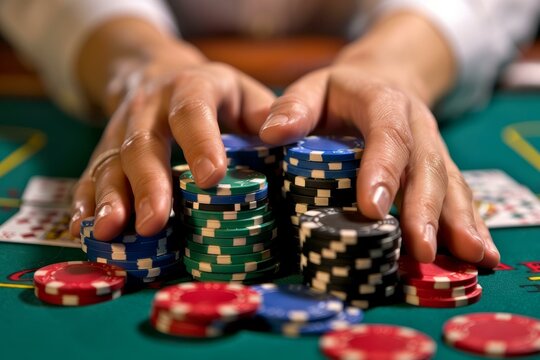  Hands collecting poker chips on casino table during a game of chance; close-up of gambling, winning, and success