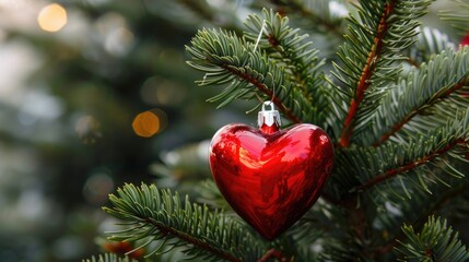 Red heart Christmas ornament placed on a green Christmas tree