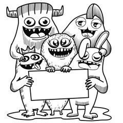 Hand-drawn illustrations, monsters doodle, Hand Drawn cartoon monster illustration,Cartoon crowd doodle hand-drawn Doodle style.black and white stripes coloring  book.