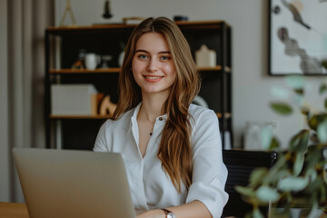 Confident businesswoman works on her laptop in a office setting