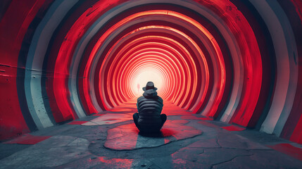 A person sits in the center of a circular tunnel with red and white concentric circles leading towards a bright light at the end. The tunnel’s perspective creates a striking visual effect, drawing the