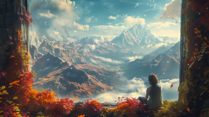 A person sits on a ledge surrounded by vibrant autumn foliage, gazing at a breathtaking mountain landscape with snow-capped peaks under a partly cloudy sky.