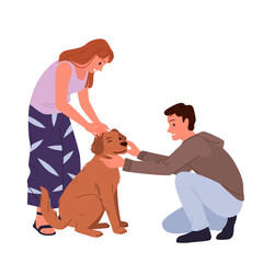Happy couple adopting stray dog, adoption to family. Two pet owners standing with friendly adorable puppy, hugs and love from man and woman to new friend companion cartoon vector illustration