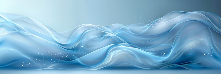 Flowing blue waves with a mesh-like texture and sparkling white particles, set against a soft gradient background, evoking fluidity and motion.