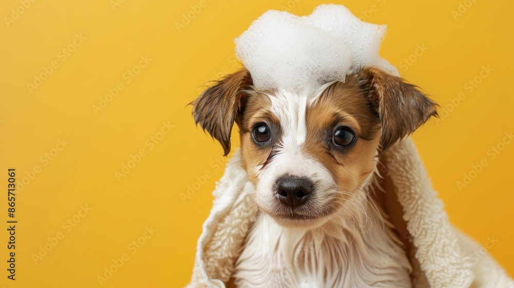 Sticker Jack Russell puppy in towel after bath cute soap suds on head yellow background photo