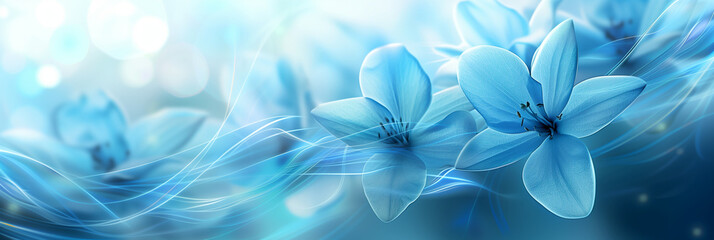 Delicate blue flowers with soft, flowing lines and bokeh lights in the background, creating a dreamy and tranquil atmosphere.