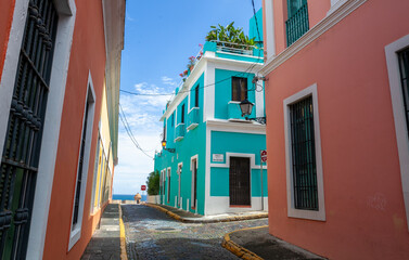 Colorful house facades on cobbled street in historic Old San Juan, Puerto Rico