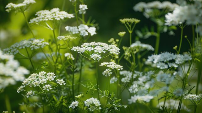 White flowers of Trachyspermum ammi in a Garden with an Ecological Twist A Summer Scene with Wild Ajowan Caraway Herb