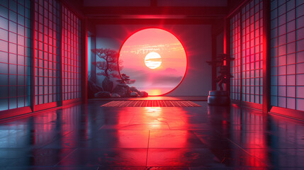 A serene traditional Japanese room with tatami flooring and shoji screens. A large round window frames a setting sun, casting warm hues of red and purple. A small samurai statue adds a cultural touch.