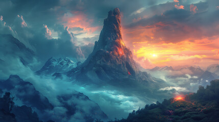 Majestic mountain peak at sunset with vibrant skies, capturing the serene beauty of nature.