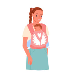 Mother carrying newborn baby in sling, love and motherhood. Cute young mom in casual clothes holding child inside carrier wrap, happy woman and toddler at city walk cartoon vector illustration