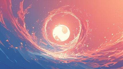 An artistic representation of a swirling vortex of water with a yin-yang symbol at the center, set against a gradient background ranging from deep pink to light blue. The dynamic movement of the water