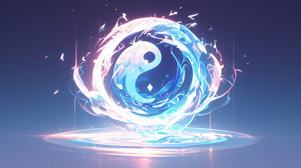 A digital artwork of the Yin and Yang symbol surrounded by swirling water and fire elements against a soft blue background, symbolizing balance and duality.