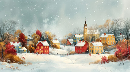 A beautiful vintage painting of a peaceful winter time village with a charming clock tower. Perfect for Christmas time themed, retro postcards design. countryside, traditional pastel color.