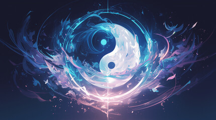 A vibrant digital artwork of the Yin and Yang symbol surrounded by dynamic swirls of blue and pink hues with splashes of white, creating a cosmic and ethereal feel.