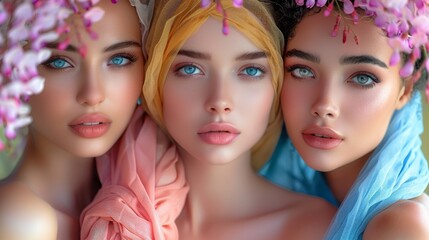 Obraz premium Women of different ages and different skin colors, in the foreground and in the background there are lilac hanging ofuji flowers around them