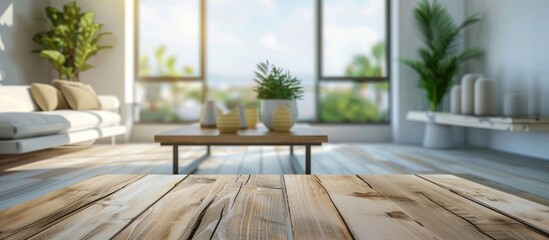 Blurry modern living room interior background with a wooden table top
