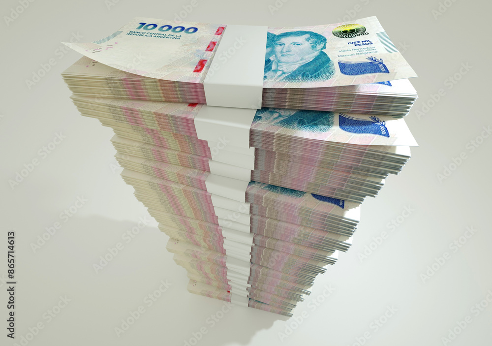 Fototapete 3d rendering of stacks of argentinian peso notes arranged in a long single column. 3d rendering of b