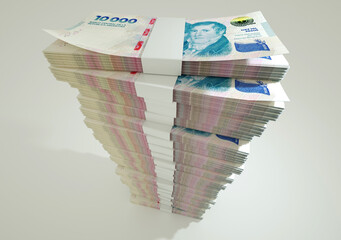3D rendering of stacks of Argentinian peso notes arranged in a long single column. 3d rendering of bundles of cash, Argentine Pesos
