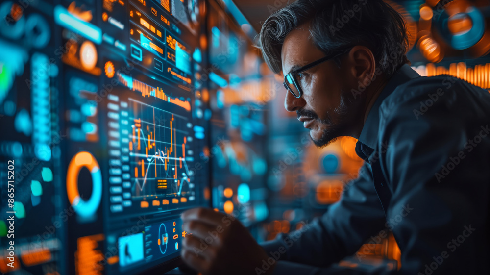 Poster focused businessman analyzing data on computer screen at night