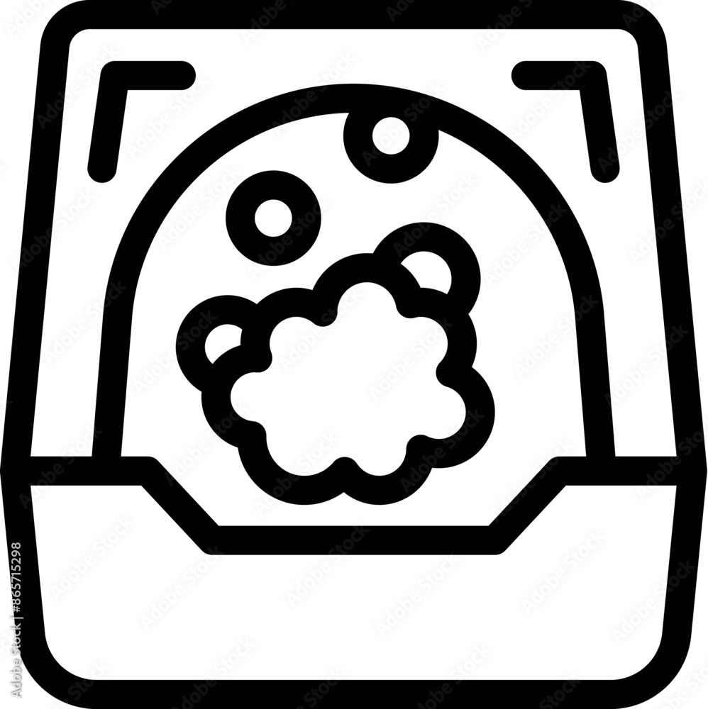 Poster icon of a cat litter box being cleaned with soap and water creating foam
