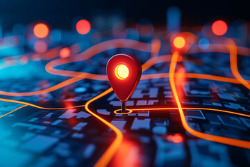 Red Location Pin on Digital City Map With Glowing Orange Roads