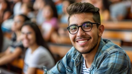 Portrait of a happy university student sitting on classroom